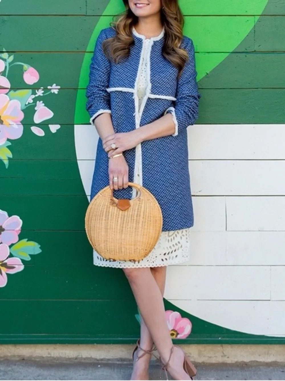 J. McLaughlin Tweed Fringe Trim Jacket Size XS Blue White Mid Length